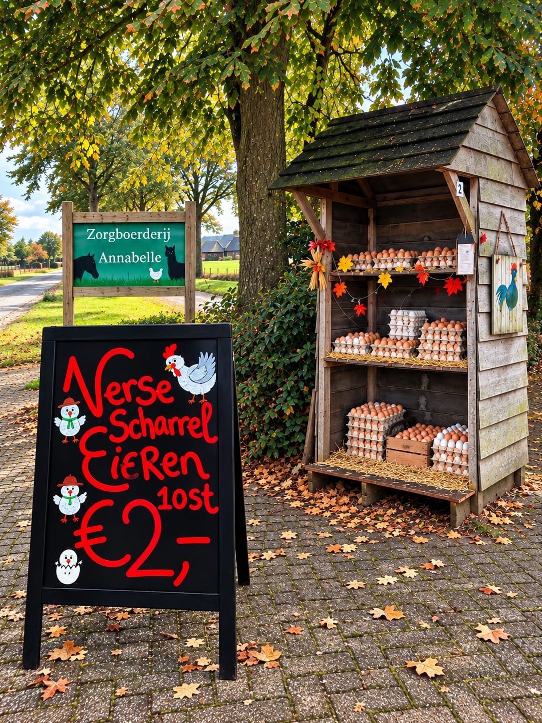 Houten eierkraam vol verse scharreleieren onder de bomen bij Zorgboerderij Annabelle in Westerhoven, met een krijtbord: 10 stuks voor twee euro