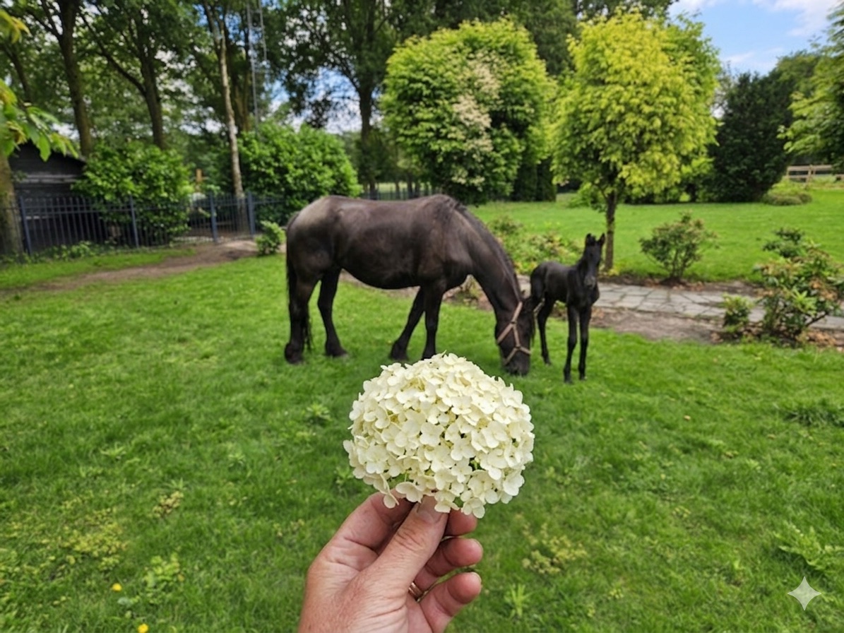 Hand met witte sneeuwbalbloem voor een grazend paard met veulen op het erf van Zorgboerderij Annabelle in Westerhoven