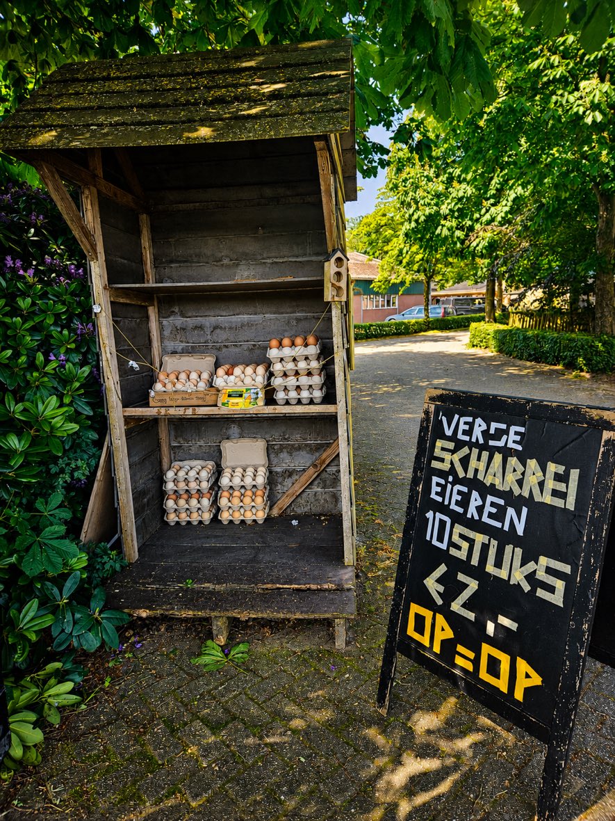 Houten eierkast aan de weg bij Zorgboerderij Annabelle in Westerhoven met verse scharreleieren, 10 stuks voor twee euro