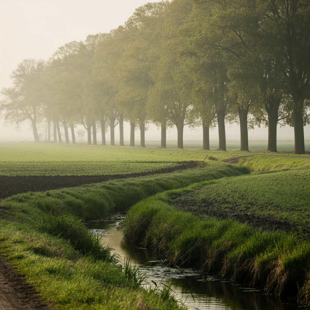 Een rustig, landelijk landschap in Westerhoven met groene velden, een kronkelend pad en bomen in de verte, stralend in natuurlijk licht.